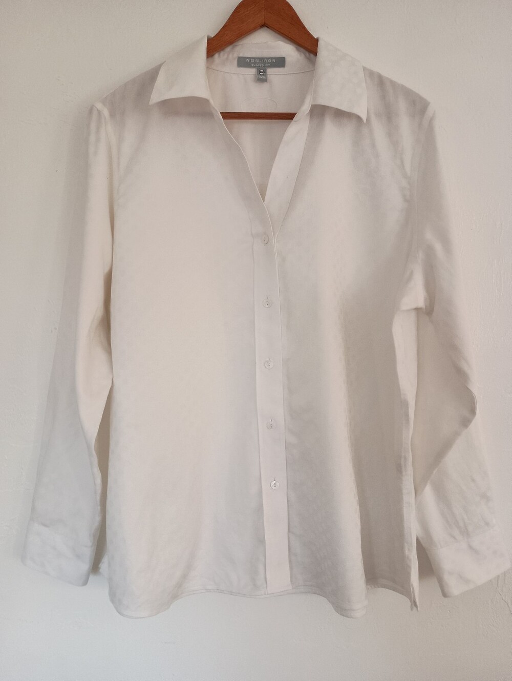 Foxcroft 100% Cotton White Button-Down Blouse with Subtle Dot Texture